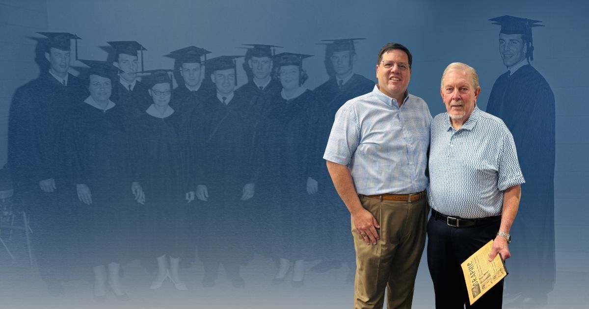 Grayson College president with Gerald Brede over an overlay of historic graduation images fro 1965