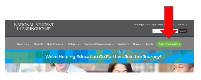 National Student Clearinghouse main Navigation, arrow to "Order Track Verify" Button