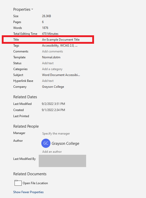 Screenshot of Microsoft Word Document Properties with "Title" field highlighted