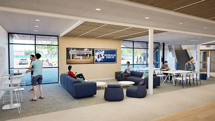 Artist rendering of residence hall lounge with cushioned seating and television screens.