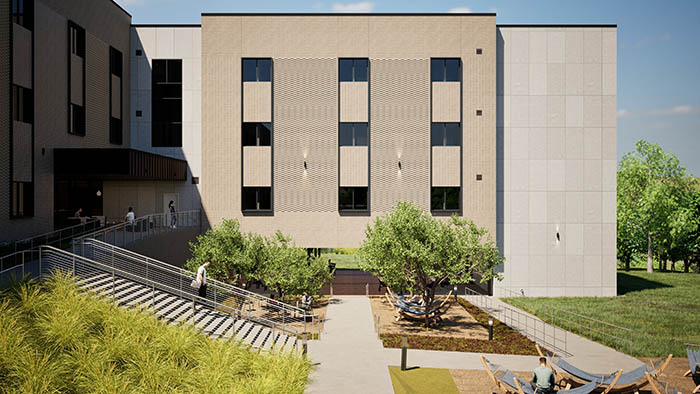 Artist rendering of residence hall courtyard approach. Features side entrance to building with exterior staircase, trees, and hammocks.