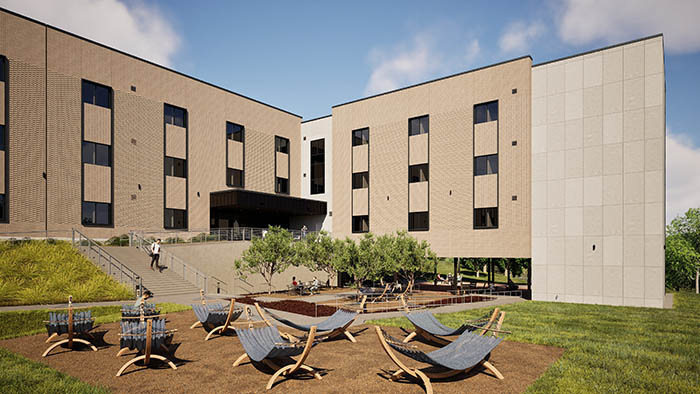 Artist rendering of residence hall exterior courtyard. Hammocks present in outdoor area with building in background.