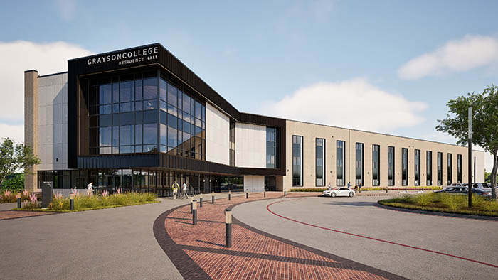 Artist rendering of residence hall. Building labeled "Grayson College Residence Hall" with floor to ceiling windows. 