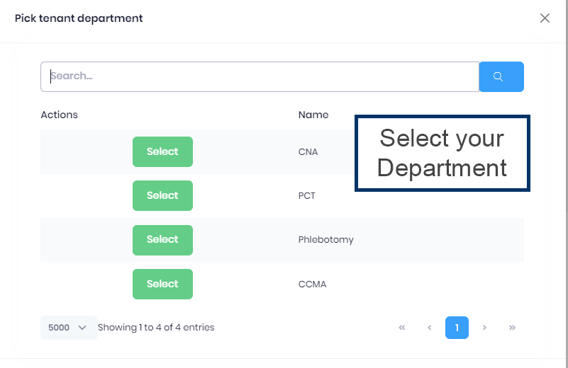 Screenshot of department selector menu