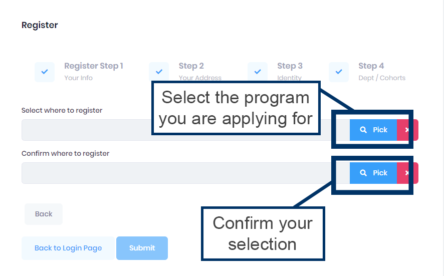 Registration form on "Step 3: Your Info." Fields present for social security number, driver's license number, passport number, and student ID. Social Security Number or ITIN is required.Continue button callout with text "Select Continue to move to next page"