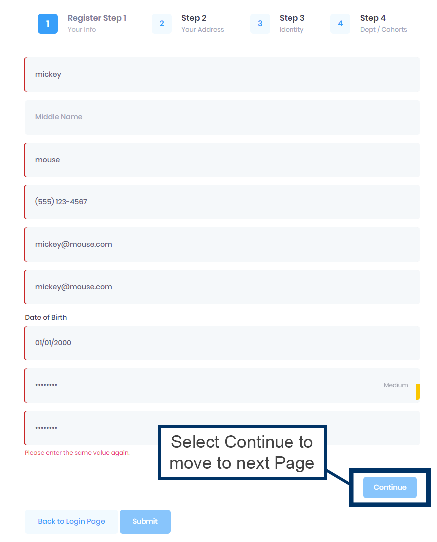 Registration form on "Step 1: Your Info." Fields present for Names, Phone Number, Email Addresses, Date of Birth and Password and Password Confirmation