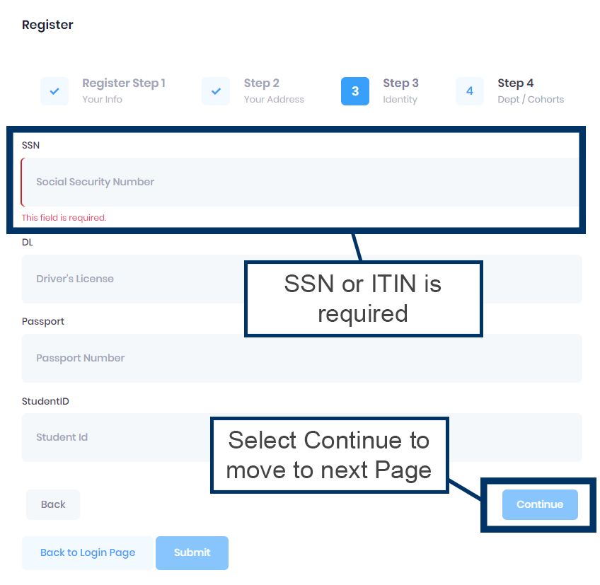 Registration form on "Step 3: Your Info." Fields present for social security number, driver's license number, passport number, and student ID. Social Security Number or ITIN is required.Continue button callout with text "Select Continue to move to next page"