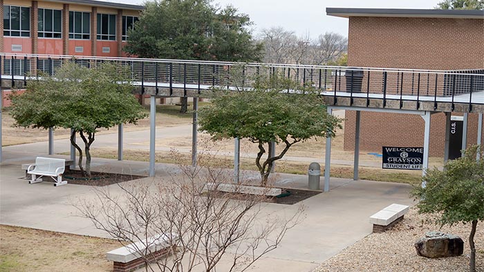 overlooking campus quad and walkway on a cloudy day