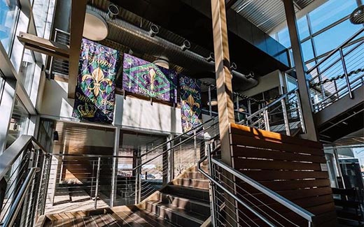 Student Life Center decorated for Mardi Gras