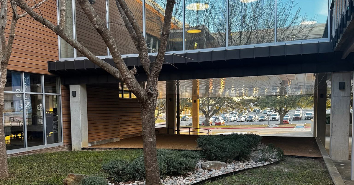 Courtyard pathway underneath life center building