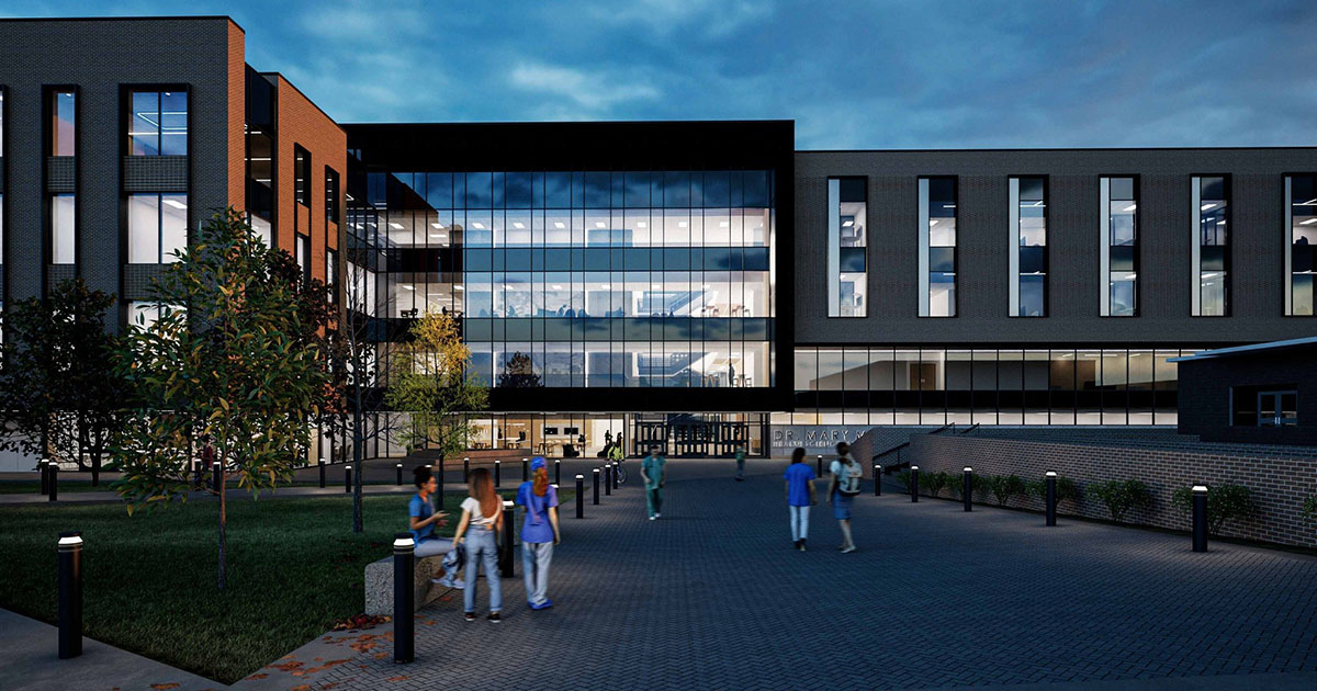 Rendering of Health Science building at twilight