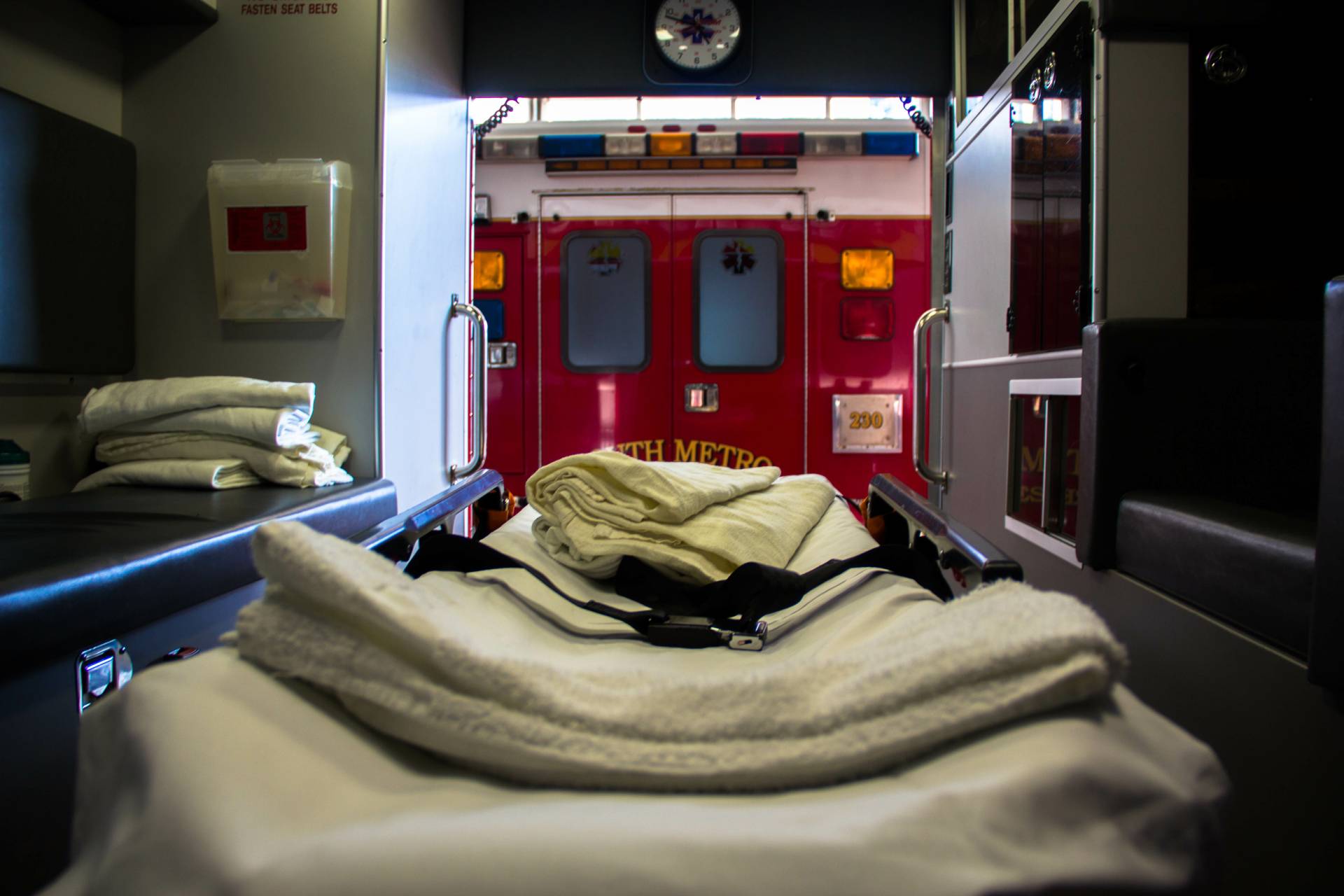 Inside an ambulance looking out 