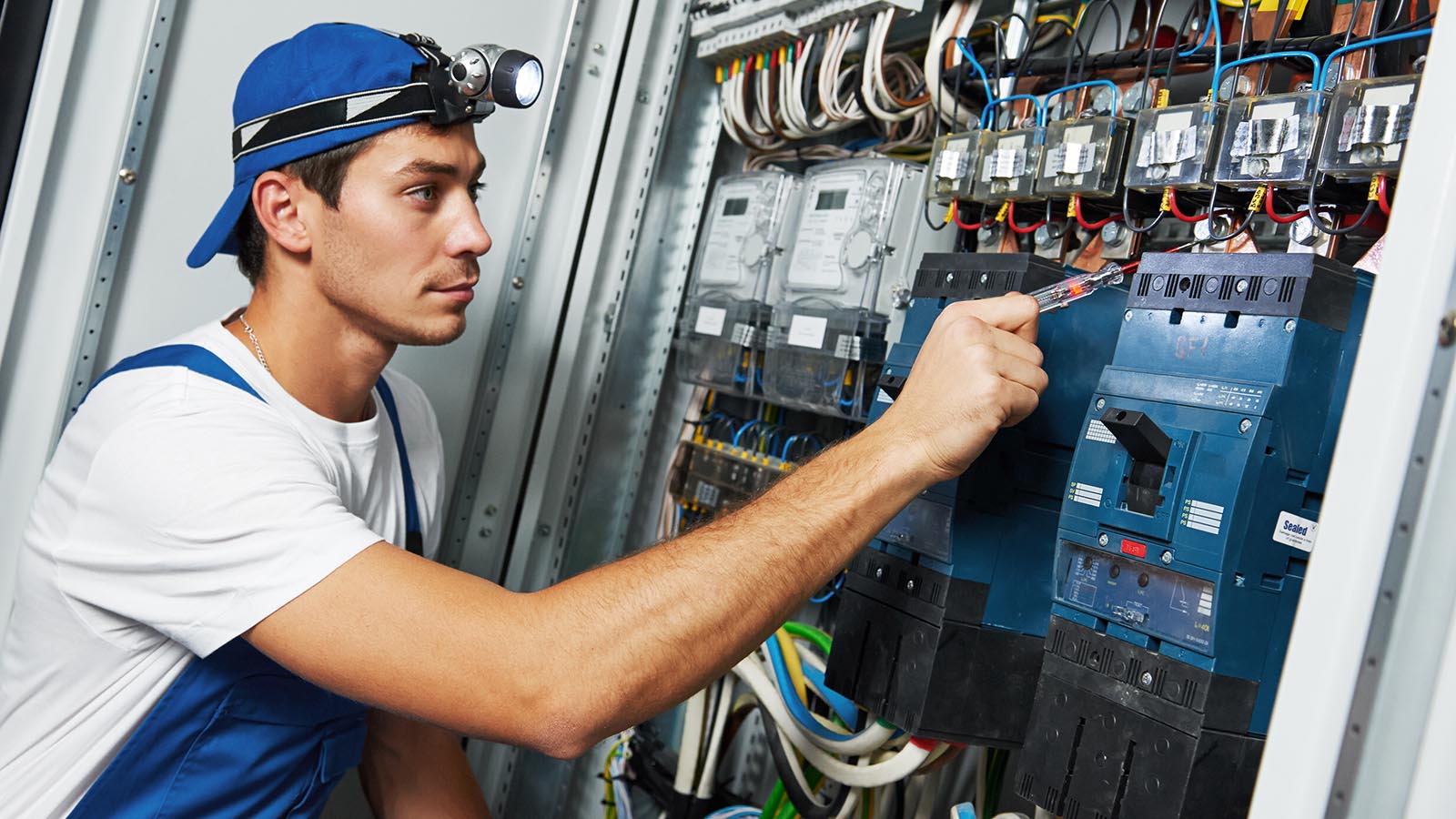 Electrician working on breaker