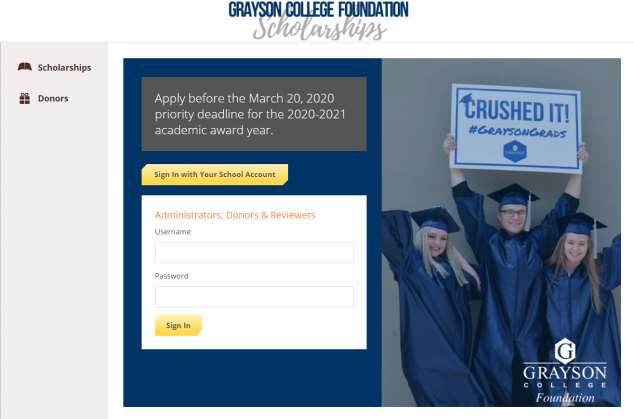 Homepage of AwardSpring Scholarship Application featuring link to sign in with school account