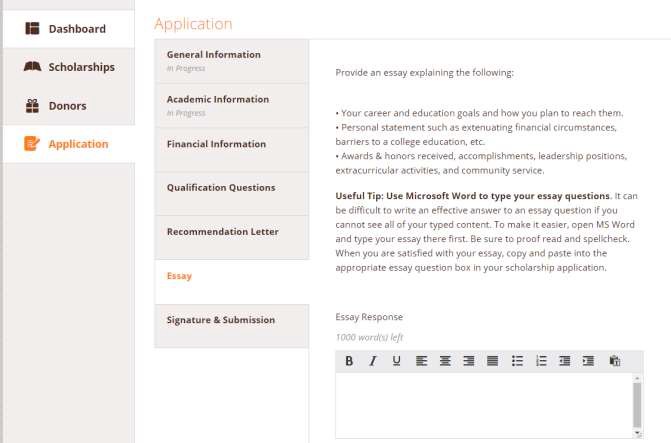 Main interface of Award Spring Application  with "Essay' option highlighted and a text input box provided.