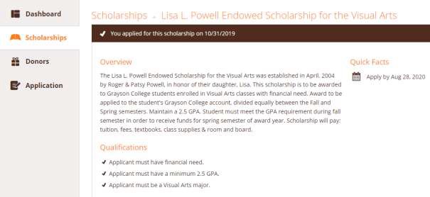 Example page showing information for Lisa L. Powell Endowed Scholarship for the Visual Arts. 