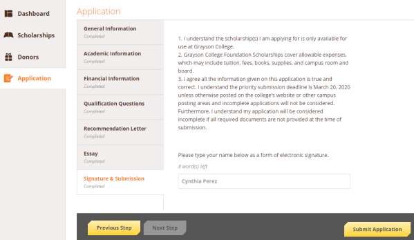 Application page showing "Submit Application" button in bottom left corner of screen.